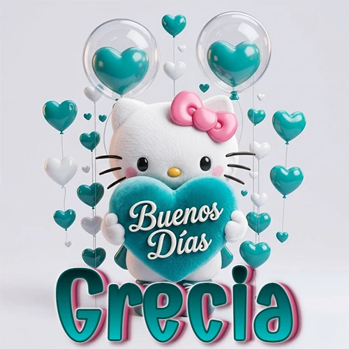 Hello Kitty abrazando un corazón turquesa grande con frase de buenos días, nombre abajo en turquesa con globos corazón. Nombre personalizado: Grecia.