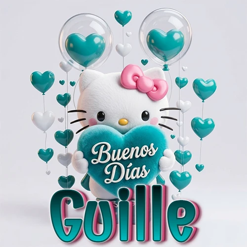 Hello Kitty abrazando un corazón turquesa grande con frase de buenos días, nombre abajo en turquesa con globos corazón. Nombre personalizado: Guille.