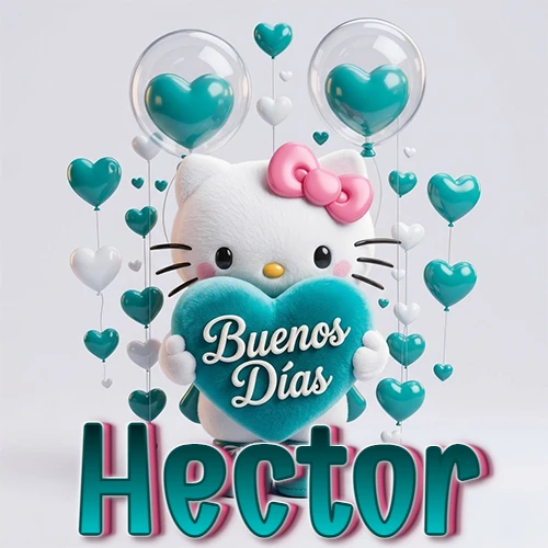 Hello Kitty abrazando un corazón turquesa grande con frase de buenos días, nombre abajo en turquesa con globos corazón. Nombre personalizado: Hector.