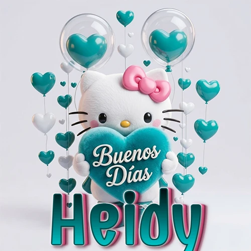 Hello Kitty abrazando un corazón turquesa grande con frase de buenos días, nombre abajo en turquesa con globos corazón. Nombre personalizado: Heidy.