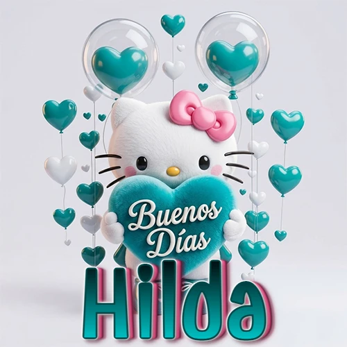 Hello Kitty abrazando un corazón turquesa grande con frase de buenos días, nombre abajo en turquesa con globos corazón. Nombre personalizado: Hilda.