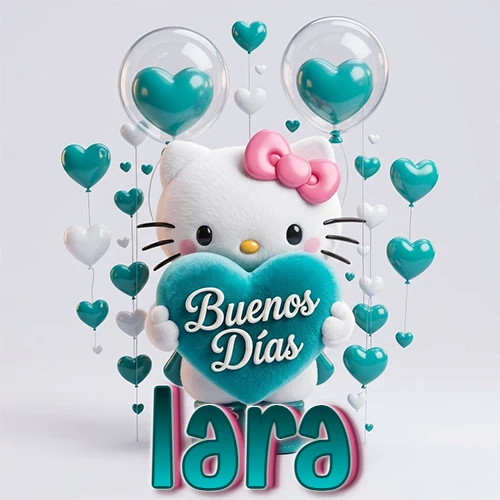 Hello Kitty abrazando un corazón turquesa grande con frase de buenos días, nombre abajo en turquesa con globos corazón. Nombre personalizado: Iara.