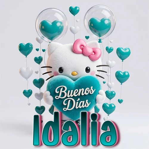 Hello Kitty abrazando un corazón turquesa grande con frase de buenos días, nombre abajo en turquesa con globos corazón. Nombre personalizado: Idalia.