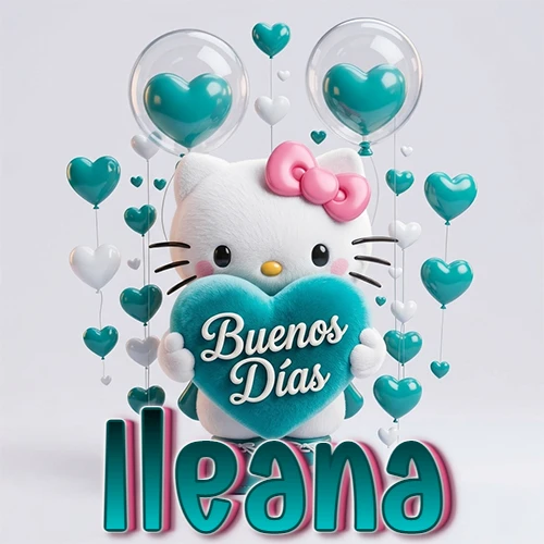 Hello Kitty abrazando un corazón turquesa grande con frase de buenos días, nombre abajo en turquesa con globos corazón. Nombre personalizado: Ileana.
