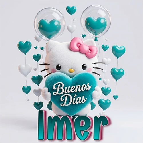 Hello Kitty abrazando un corazón turquesa grande con frase de buenos días, nombre abajo en turquesa con globos corazón. Nombre personalizado: Imer.