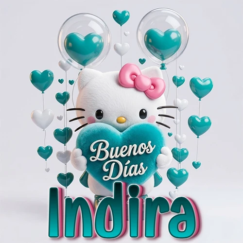 Hello Kitty abrazando un corazón turquesa grande con frase de buenos días, nombre abajo en turquesa con globos corazón. Nombre personalizado: Indira.