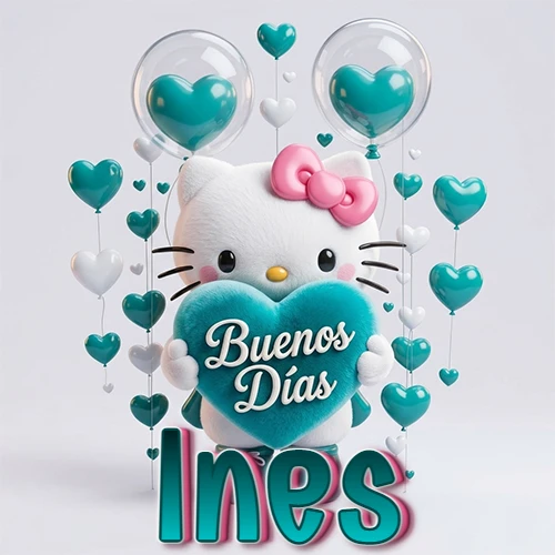 Hello Kitty abrazando un corazón turquesa grande con frase de buenos días, nombre abajo en turquesa con globos corazón. Nombre personalizado: Ines.