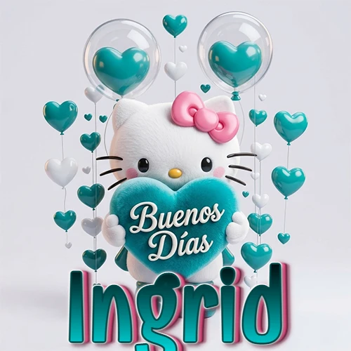 Hello Kitty abrazando un corazón turquesa grande con frase de buenos días, nombre abajo en turquesa con globos corazón. Nombre personalizado: Ingrid.
