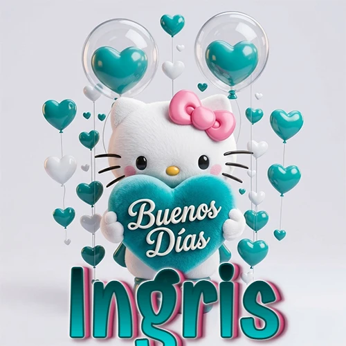 Hello Kitty abrazando un corazón turquesa grande con frase de buenos días, nombre abajo en turquesa con globos corazón. Nombre personalizado: Ingris.