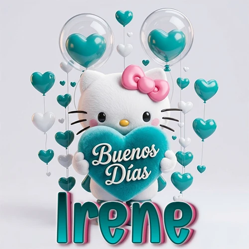 Hello Kitty abrazando un corazón turquesa grande con frase de buenos días, nombre abajo en turquesa con globos corazón. Nombre personalizado: Irene. Hello Kitty abrazando un corazón turquesa grande con frase de buenos días, nombre abajo en turquesa con globos corazón. Nombre personalizado: Irene.