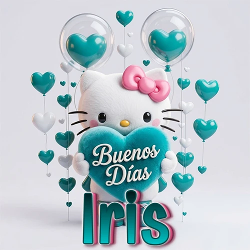 Hello Kitty abrazando un corazón turquesa grande con frase de buenos días, nombre abajo en turquesa con globos corazón. Nombre personalizado: Iris.