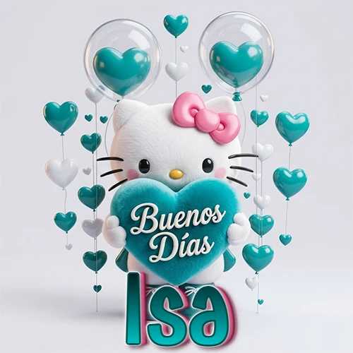 Hello Kitty abrazando un corazón turquesa grande con frase de buenos días, nombre abajo en turquesa con globos corazón. Nombre personalizado: Isa.