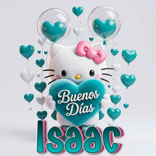 Hello Kitty abrazando un corazón turquesa grande con frase de buenos días, nombre abajo en turquesa con globos corazón. Nombre personalizado: Isaac.
