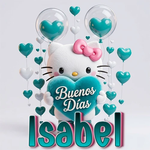 Hello Kitty abrazando un corazón turquesa grande con frase de buenos días, nombre abajo en turquesa con globos corazón. Nombre personalizado: Isabel.