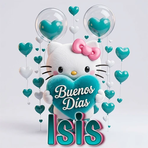 Hello Kitty abrazando un corazón turquesa grande con frase de buenos días, nombre abajo en turquesa con globos corazón. Nombre personalizado: Isis.