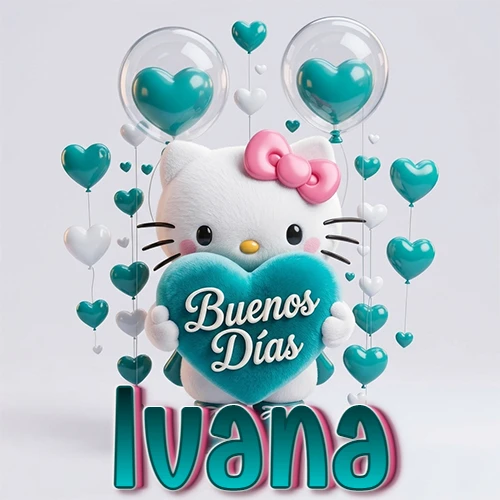 Hello Kitty abrazando un corazón turquesa grande con frase de buenos días, nombre abajo en turquesa con globos corazón. Nombre personalizado: Ivana.
