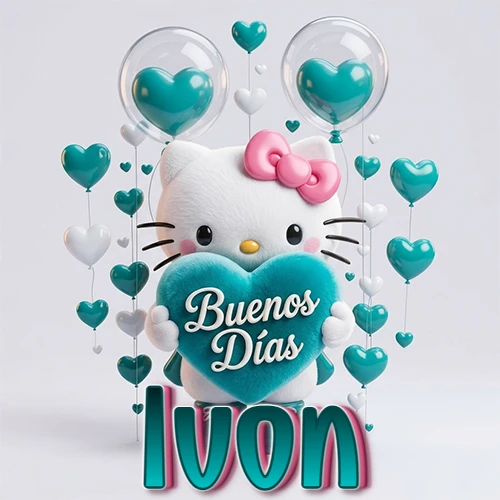Hello Kitty abrazando un corazón turquesa grande con frase de buenos días, nombre abajo en turquesa con globos corazón. Nombre personalizado: Ivon.
