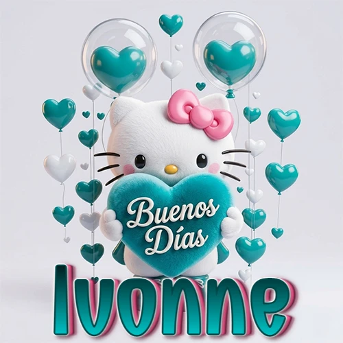 Hello Kitty abrazando un corazón turquesa grande con frase de buenos días, nombre abajo en turquesa con globos corazón. Nombre personalizado: Ivonne.