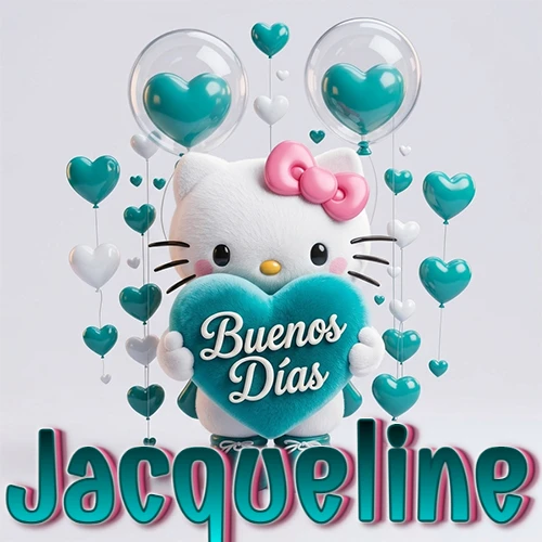 Hello Kitty abrazando un corazón turquesa grande con frase de buenos días, nombre abajo en turquesa con globos corazón. Nombre personalizado: Jacqueline.