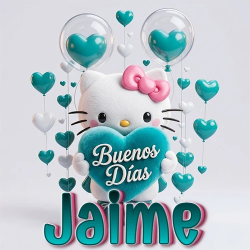 Hello Kitty abrazando un corazón turquesa grande con frase de buenos días, nombre abajo en turquesa con globos corazón. Nombre personalizado: Jaime.