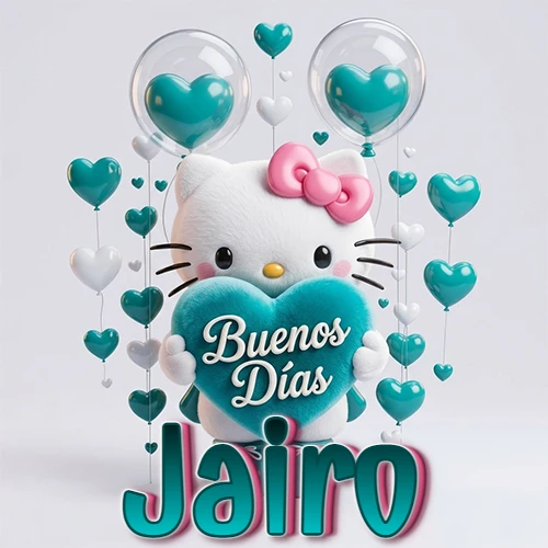Hello Kitty abrazando un corazón turquesa grande con frase de buenos días, nombre abajo en turquesa con globos corazón. Nombre personalizado: Jairo.