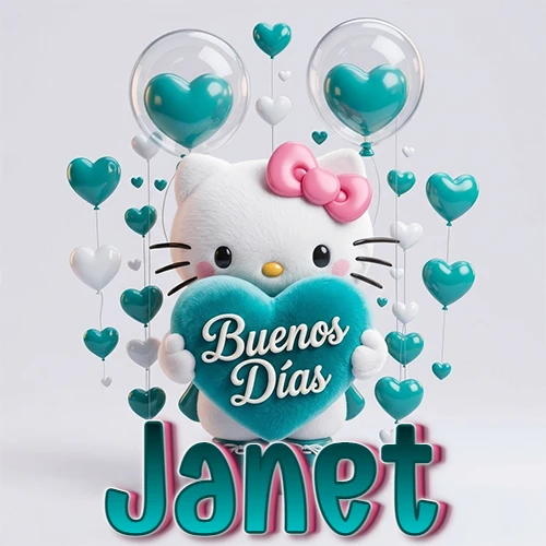 Hello Kitty abrazando un corazón turquesa grande con frase de buenos días, nombre abajo en turquesa con globos corazón. Nombre personalizado: Janet.