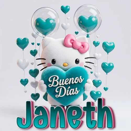 Hello Kitty abrazando un corazón turquesa grande con frase de buenos días, nombre abajo en turquesa con globos corazón. Nombre personalizado: Janeth.