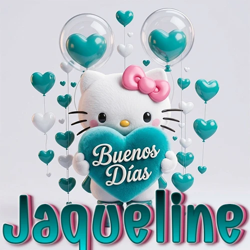 Hello Kitty abrazando un corazón turquesa grande con frase de buenos días, nombre abajo en turquesa con globos corazón. Nombre personalizado: Jaqueline.