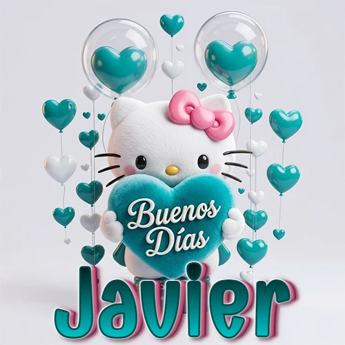 Hello Kitty abrazando un corazón turquesa grande con frase de buenos días, nombre abajo en turquesa con globos corazón. Nombre personalizado: Javier.