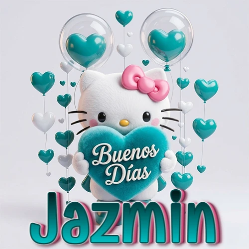 Hello Kitty abrazando un corazón turquesa grande con frase de buenos días, nombre abajo en turquesa con globos corazón. Nombre personalizado: Jazmin.