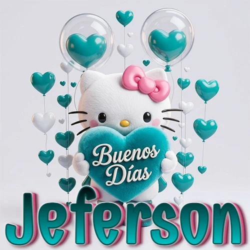 Hello Kitty abrazando un corazón turquesa grande con frase de buenos días, nombre abajo en turquesa con globos corazón. Nombre personalizado: Jeferson.