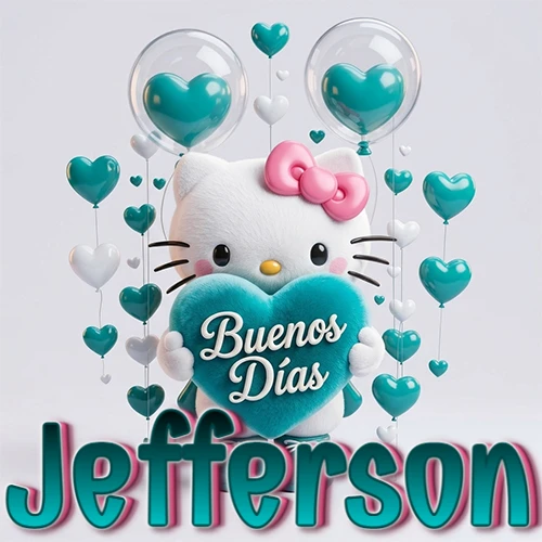 Hello Kitty abrazando un corazón turquesa grande con frase de buenos días, nombre abajo en turquesa con globos corazón. Nombre personalizado: Jefferson.
