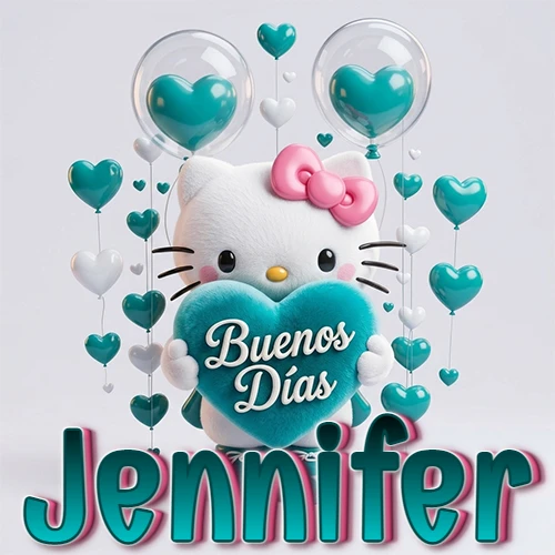 Hello Kitty abrazando un corazón turquesa grande con frase de buenos días, nombre abajo en turquesa con globos corazón. Nombre personalizado: Jennifer.