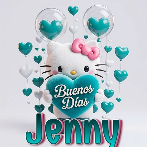 Hello Kitty abrazando un corazón turquesa grande con frase de buenos días, nombre abajo en turquesa con globos corazón. Nombre personalizado: Jenny.