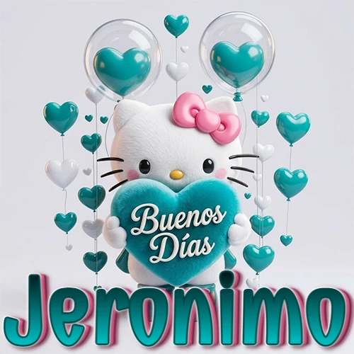 Hello Kitty abrazando un corazón turquesa grande con frase de buenos días, nombre abajo en turquesa con globos corazón. Nombre personalizado: Jeronimo.