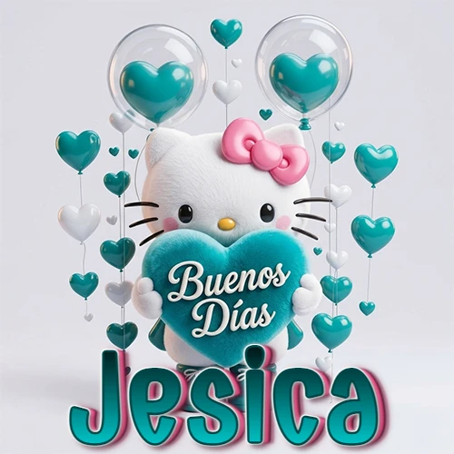 Hello Kitty abrazando un corazón turquesa grande con frase de buenos días, nombre abajo en turquesa con globos corazón. Nombre personalizado: Jesica.