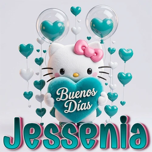 Hello Kitty abrazando un corazón turquesa grande con frase de buenos días, nombre abajo en turquesa con globos corazón. Nombre personalizado: Jessenia.
