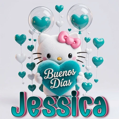 Hello Kitty abrazando un corazón turquesa grande con frase de buenos días, nombre abajo en turquesa con globos corazón. Nombre personalizado: Jessica.