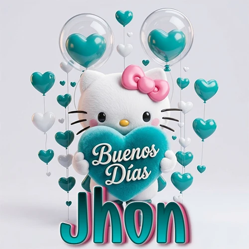 Hello Kitty abrazando un corazón turquesa grande con frase de buenos días, nombre abajo en turquesa con globos corazón. Nombre personalizado: Jhon.