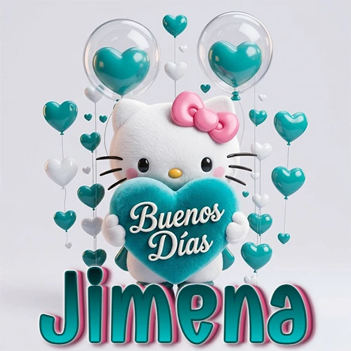 Hello Kitty abrazando un corazón turquesa grande con frase de buenos días, nombre abajo en turquesa con globos corazón. Nombre personalizado: Jimena.