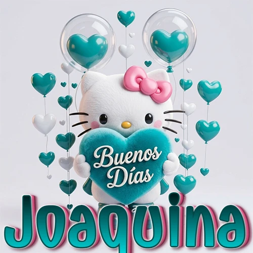 Hello Kitty abrazando un corazón turquesa grande con frase de buenos días, nombre abajo en turquesa con globos corazón. Nombre personalizado: Joaquina.