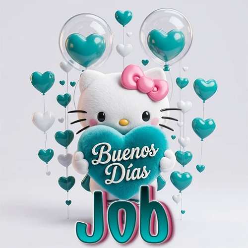Hello Kitty abrazando un corazón turquesa grande con frase de buenos días, nombre abajo en turquesa con globos corazón. Nombre personalizado: Job.