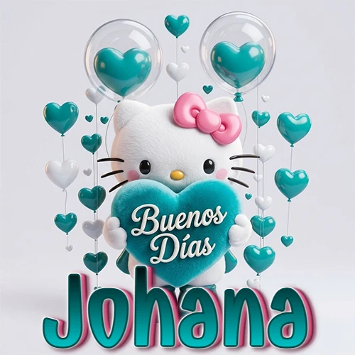 Hello Kitty abrazando un corazón turquesa grande con frase de buenos días, nombre abajo en turquesa con globos corazón. Nombre personalizado: Johana.