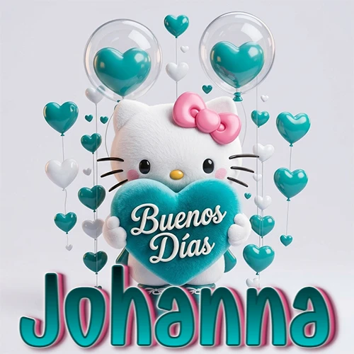 Hello Kitty abrazando un corazón turquesa grande con frase de buenos días, nombre abajo en turquesa con globos corazón. Nombre personalizado: Johanna.
