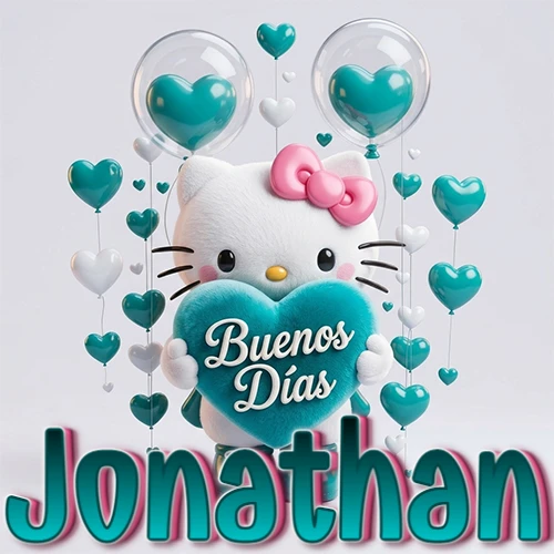 Hello Kitty abrazando un corazón turquesa grande con frase de buenos días, nombre abajo en turquesa con globos corazón. Nombre personalizado: Jonathan.