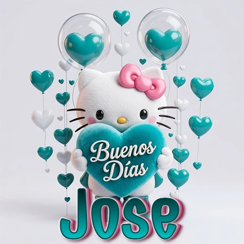 Hello Kitty abrazando un corazón turquesa grande con frase de buenos días, nombre abajo en turquesa con globos corazón. Nombre personalizado: Jose.