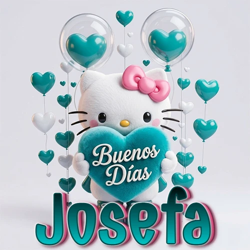 Hello Kitty abrazando un corazón turquesa grande con frase de buenos días, nombre abajo en turquesa con globos corazón. Nombre personalizado: Josefa. Hello Kitty abrazando un corazón turquesa grande con frase de buenos días, nombre abajo en turquesa con globos corazón. Nombre personalizado: Josefa.