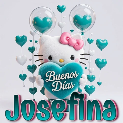 Hello Kitty abrazando un corazón turquesa grande con frase de buenos días, nombre abajo en turquesa con globos corazón. Nombre personalizado: Josefina.