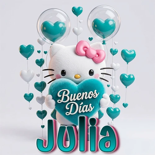 Hello Kitty abrazando un corazón turquesa grande con frase de buenos días, nombre abajo en turquesa con globos corazón. Nombre personalizado: Julia.