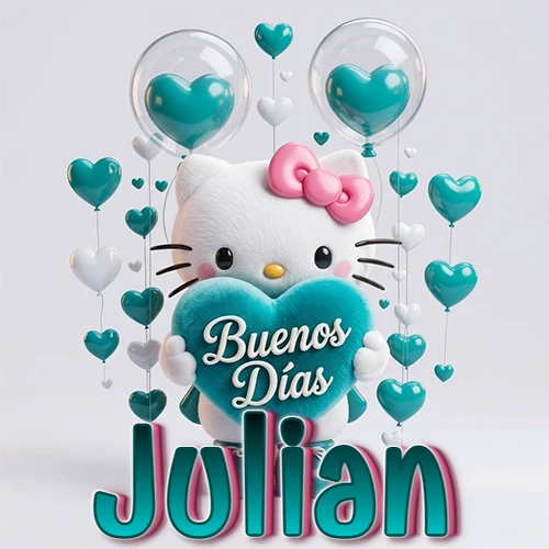 Hello Kitty abrazando un corazón turquesa grande con frase de buenos días, nombre abajo en turquesa con globos corazón. Nombre personalizado: Julian.